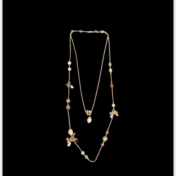 Talbots Gold Tone Double Chain Necklace w/ Crystal Pearl Gold Bead Dangles - Picture 1 of 10
